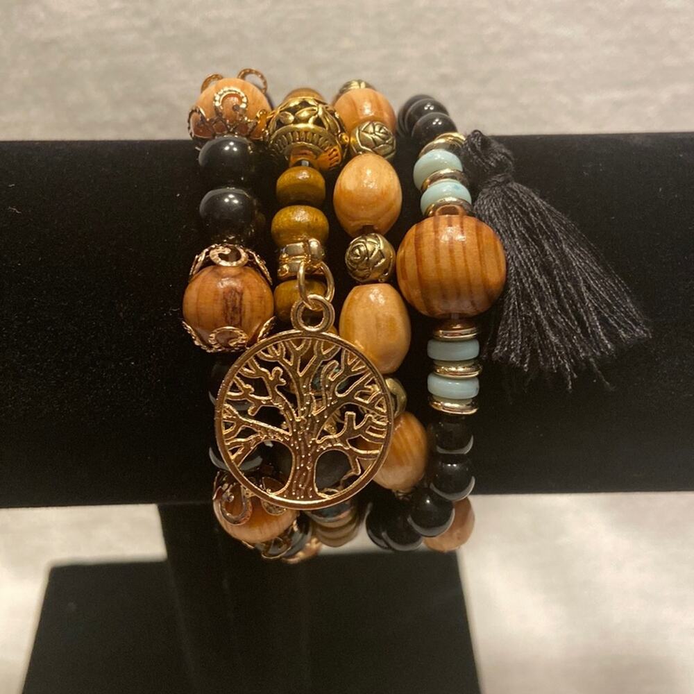 Black Beaded Boho Stretch Bracelet 4 pc Tree of Life Charm Bohemian One Size